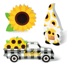 Load image into Gallery viewer, K1tpde 3PCS Farmhouse Sunflower Tiered Tray Sign, Wooden Sunflower Tiered Tray Sign Decoration, Wooden Sunflower Truck Standing for Kitchen Table Decor, Summer Wooden Gnome Sign for Garden Party Decor