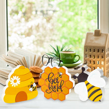 Load image into Gallery viewer, K1tpde 3PCS Farmhouse Honey Bee Tiered Tray Sign, Wooden Honey Bee Tiered Tray Sign Decoration, Bee Sign Kitchen Table Decor, Wooden Honey Sign for Garden Party Decor, Bee Happy Kitchen Decor