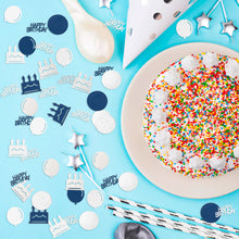 Load image into Gallery viewer, K1tpde 340PCS Navy Blue Happy Birthday Confetti for Table, Table Scatter Confetti Decorations for Birthday Party, Cake Shape Confetti Decor for Kids, Sliver Confetti for Teens Birthday, Party Supplies