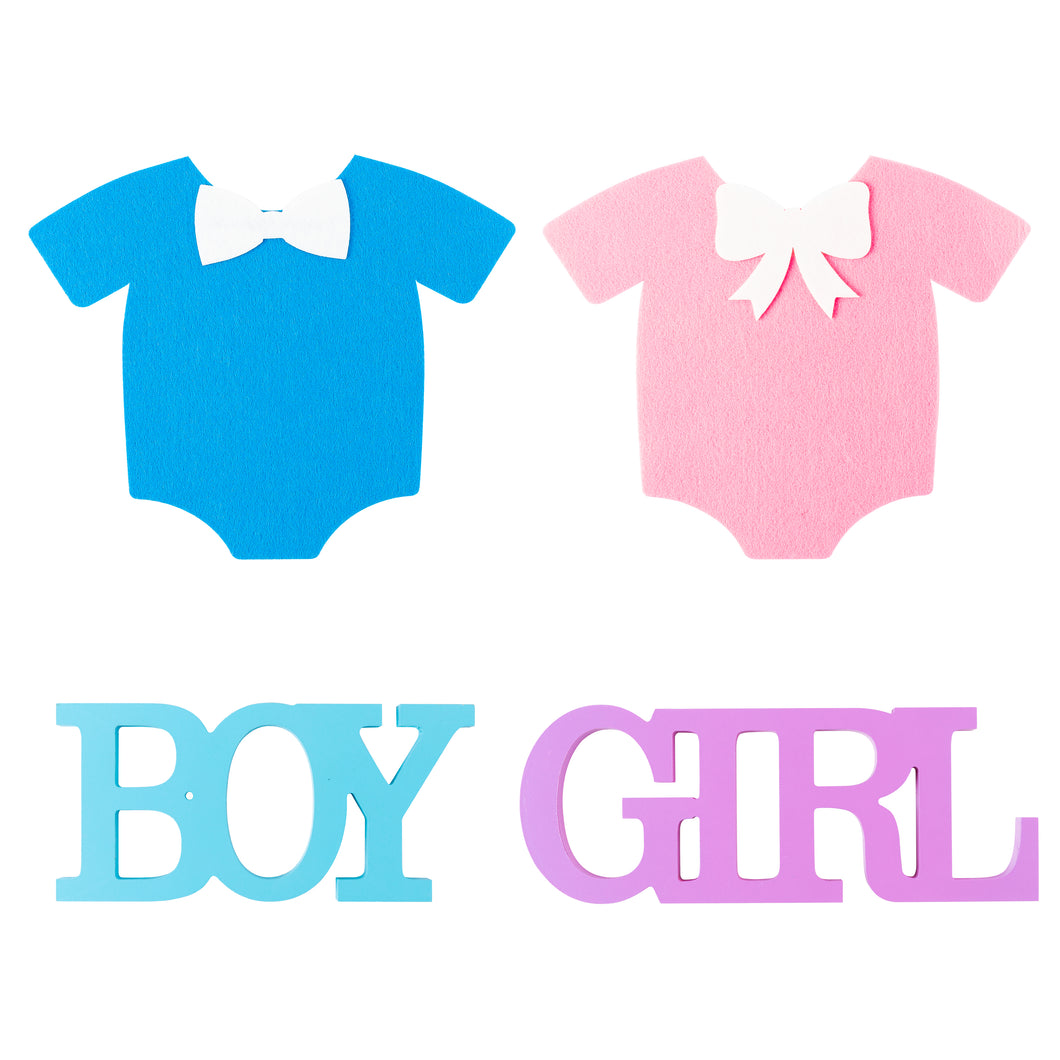K1tpde 5PCS Wooden Boy and Girl Signs for Baby Shower Decor, Felt Baby Clothes Ornaments for Gender Reveal Party, Wooden Blue and Pink Letters Sign for Party Decor, Gender Reveal Party Decor Set