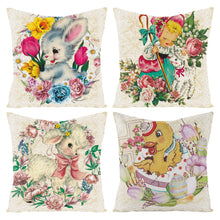 Load image into Gallery viewer, K1tpde 4PCS Vintage Easter Pillow Covers, 18x18 IN Set of 4 Cushion Pillow Covers for Home Decorations, Retro Easter Linen Throw Pillow Covers for Sofa, Holiday Decorative Cushion Pillowcase for Couch
