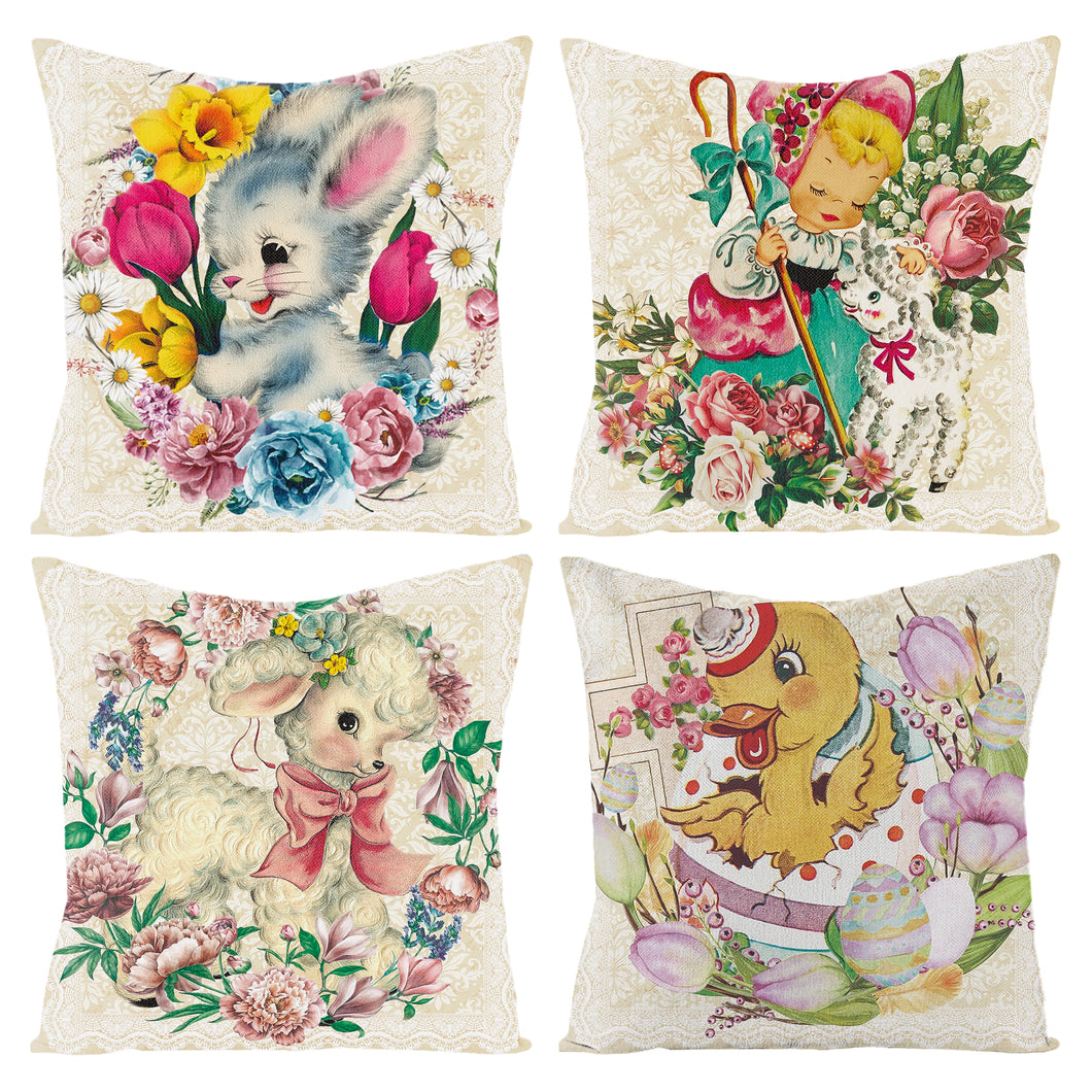 K1tpde 4PCS Vintage Easter Pillow Covers, 18x18 IN Set of 4 Cushion Pillow Covers for Home Decorations, Retro Easter Linen Throw Pillow Covers for Sofa, Holiday Decorative Cushion Pillowcase for Couch