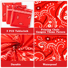 Load image into Gallery viewer, K1tpde 3PCS Red Bandana Party Tablecloths, Cholo Gangsta Theme Bandana Table Covers, Bandana Plastic Tablecloth, Cholo Themed Western Party Decorations for Adult, Cholo Theme Western Party Supplies
