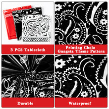 Load image into Gallery viewer, K1tpde 3PCS Bandana Party Tablecloths, Cholo Gangsta Theme Bandana Table Covers, Bandana Plastic Tablecloth, Cholo Themed Western Party Decorations for Adult, Red, White, Black Party Tablecloths
